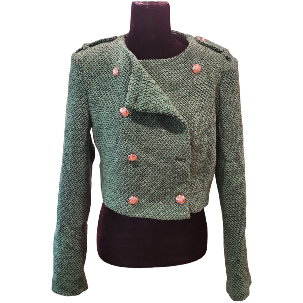 Zara Green and Blue Tweed Double Breasted Jacket Size Large